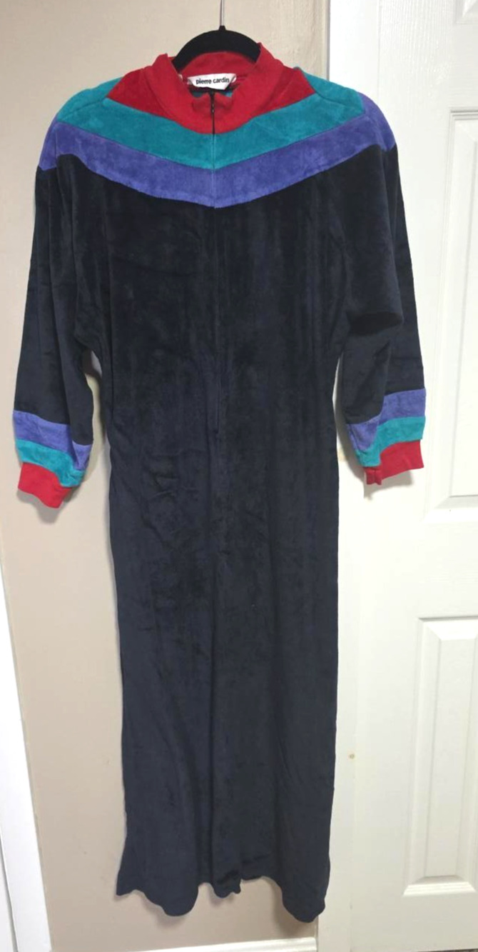 Pierre Cardin Vtg Velour Robe M Colorblock Zip Maxi Housecoat Kaftan USA Retro